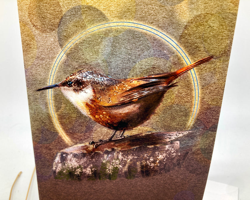 Bird illustration on a textured card with a circular design