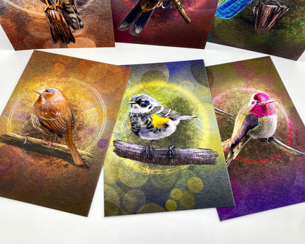 Set of greeting cards with bird illustrations on a white background