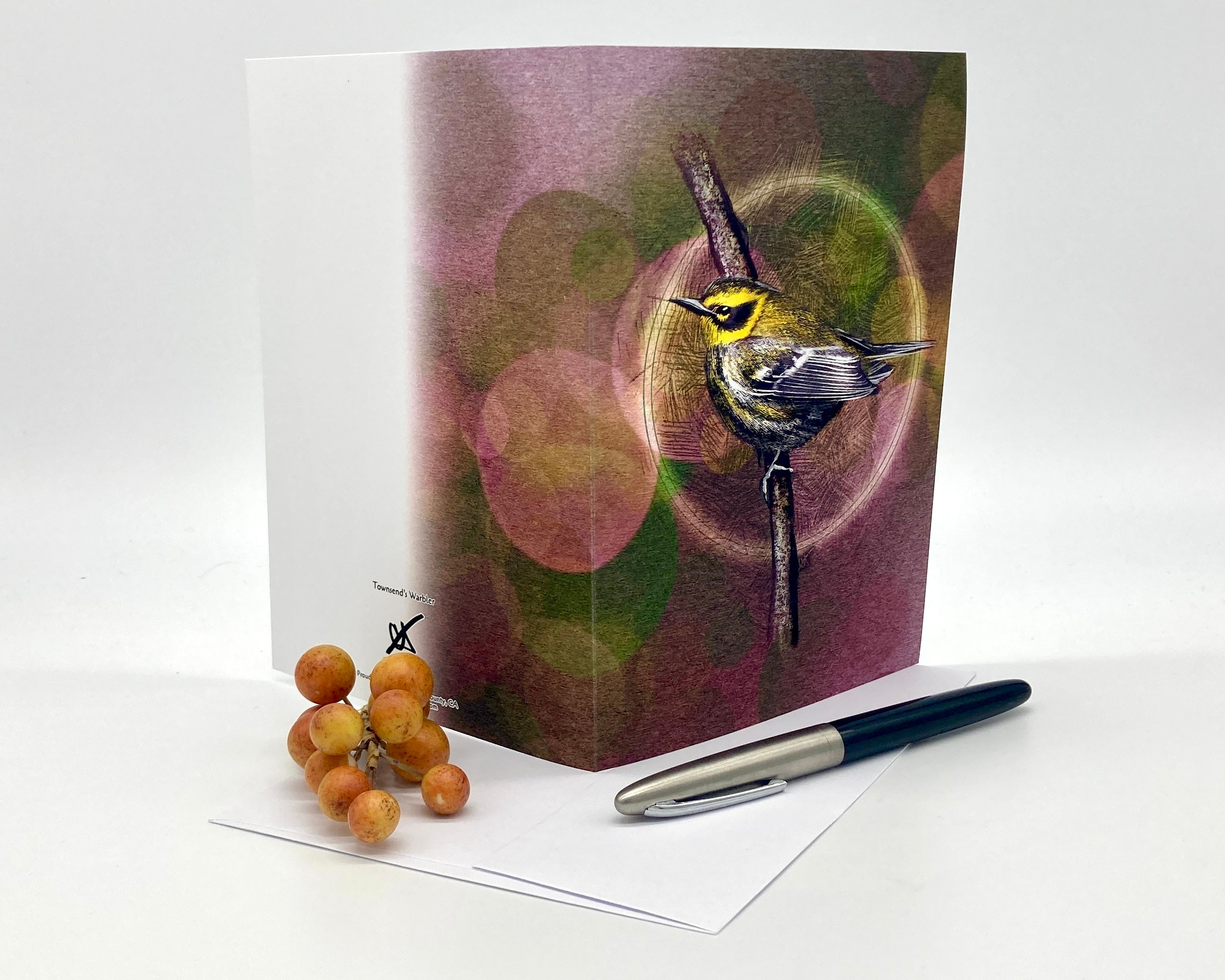 Greeting card with a bird illustration on a white background