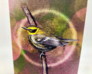 Illustration of a bird perched on a branch with a colorful circular background