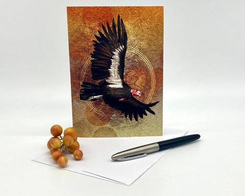 Greeting card with a bird design on a white background with a pen and berries.