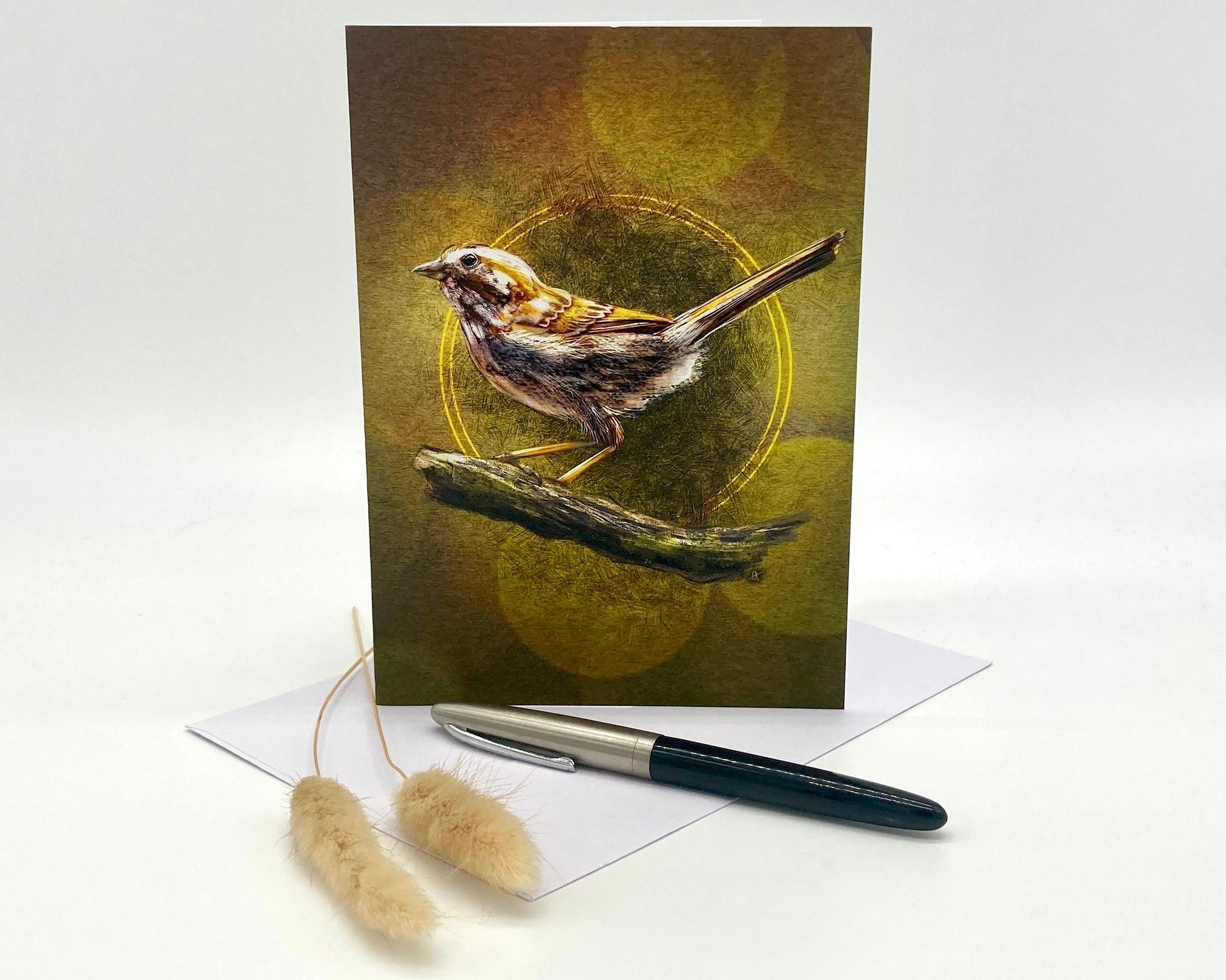 Greeting card with a bird illustration on a white background