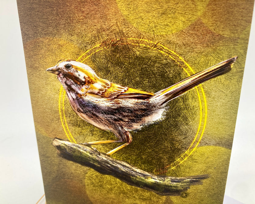 Illustration of a bird perched on a branch with a yellow circle in the background