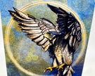 Illustration of a falcon with outstretched wings against a textured background