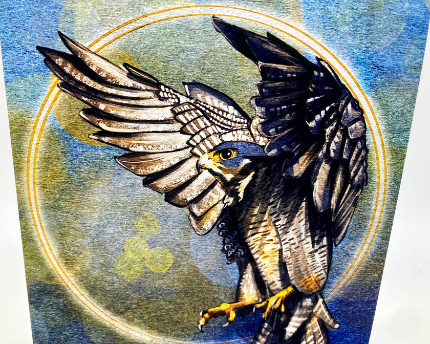 Illustration of a falcon with outstretched wings against a textured background