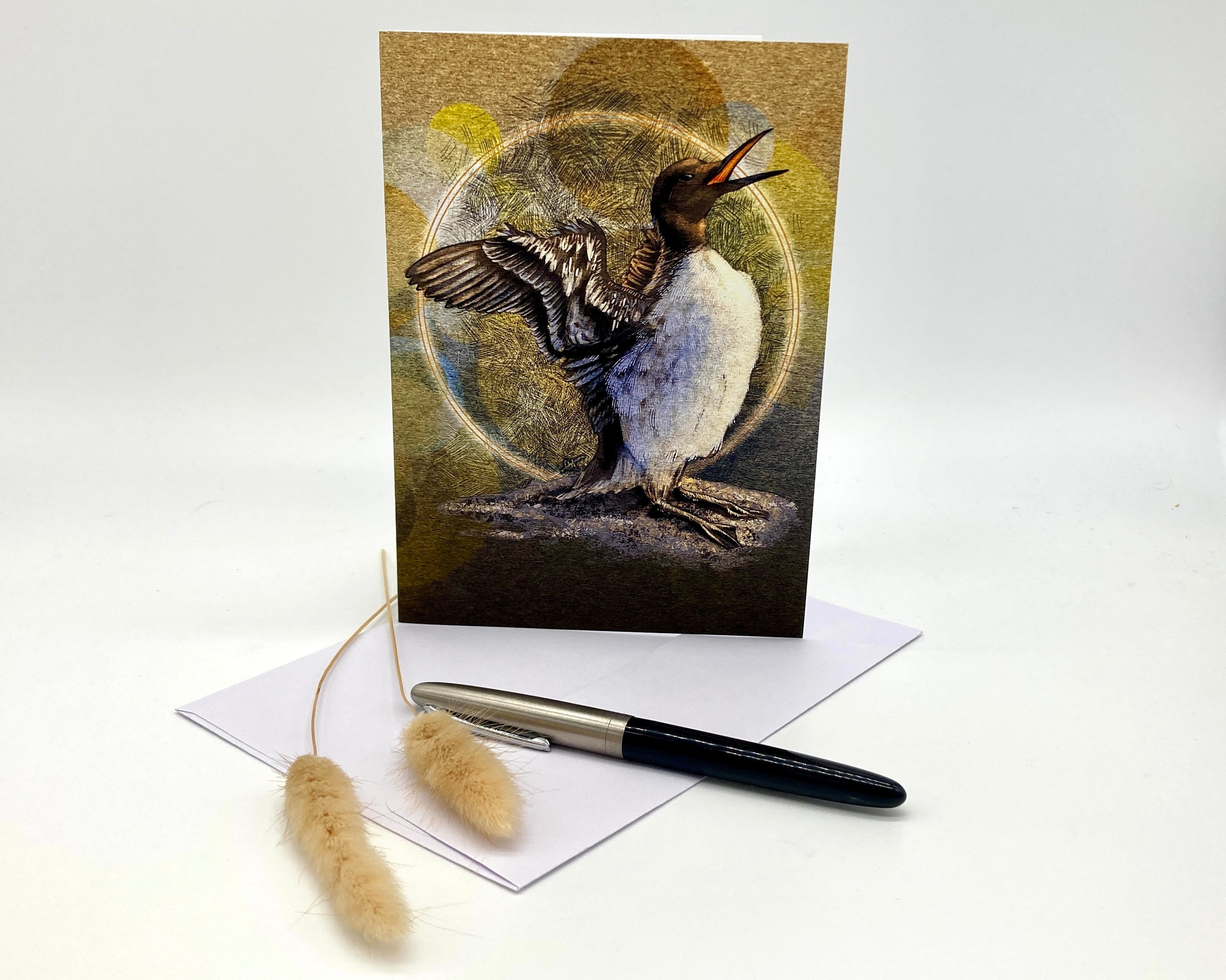 Greeting card with a bird illustration on a white background