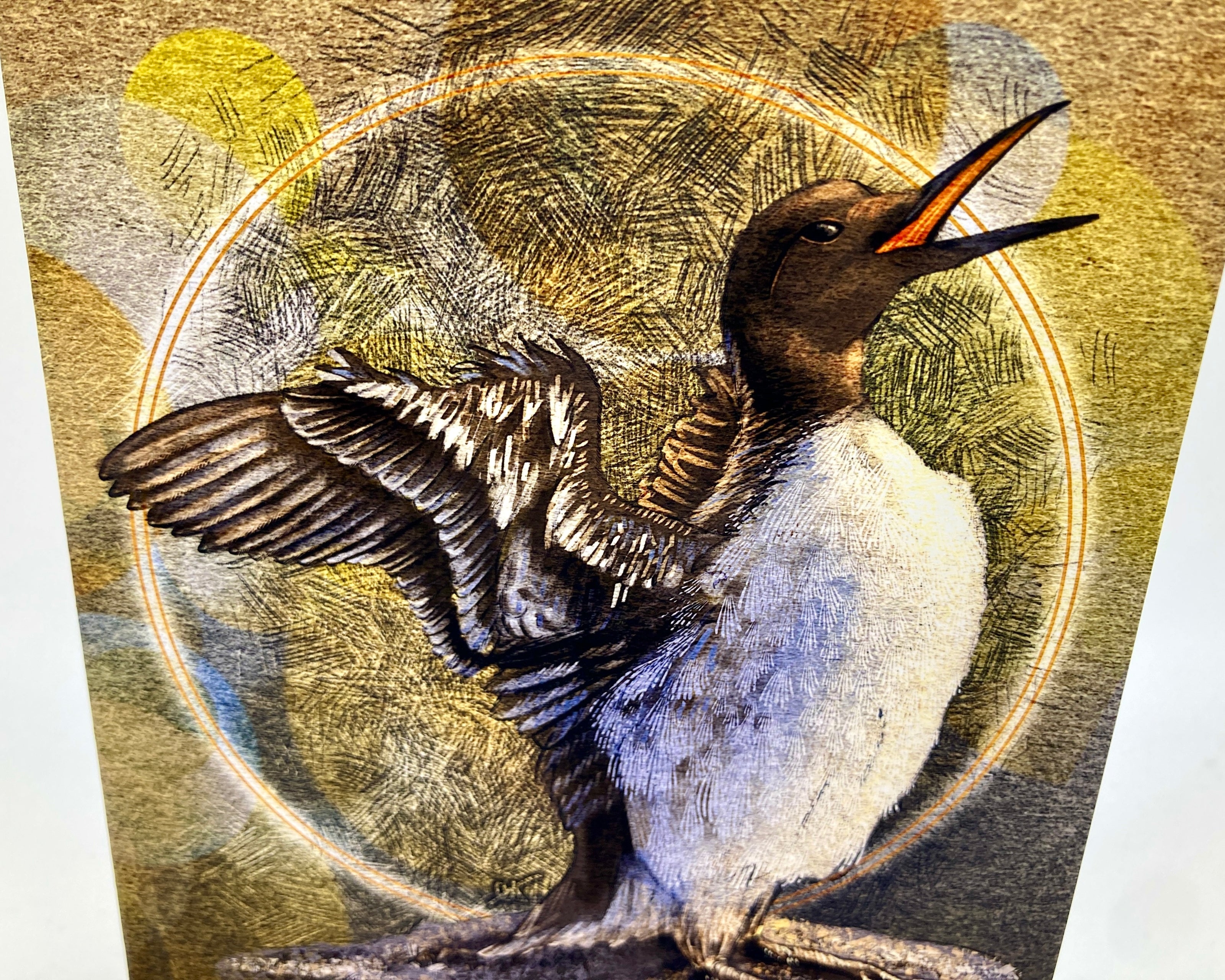 Illustration of a bird with a textured circular background