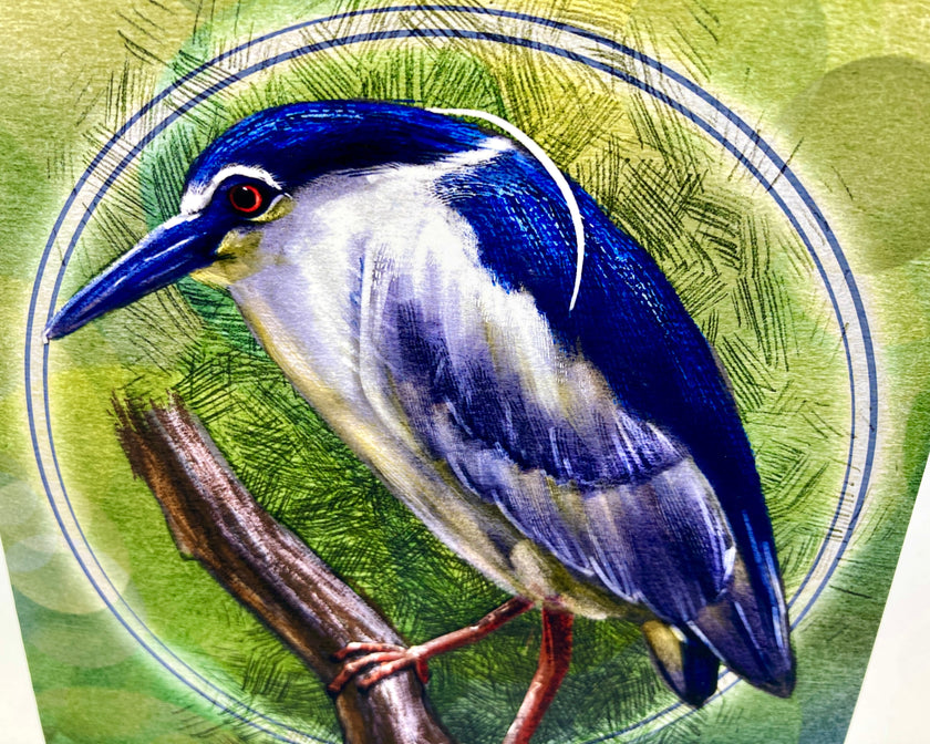 Illustration of a blue and white bird perched on a branch with a green background