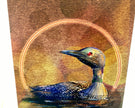 Illustration of a loon bird with a circular frame on a textured brown background