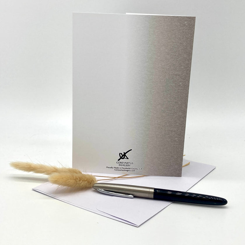Backside of a greeting card with props, arranged against a white background.