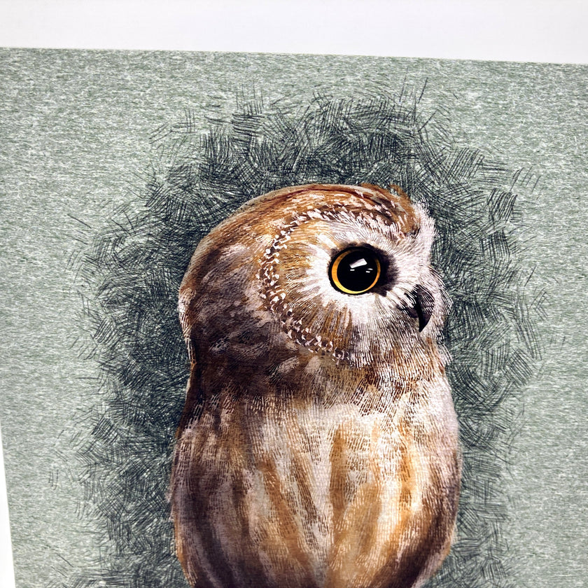 Illustration of an owl on a textured gray background