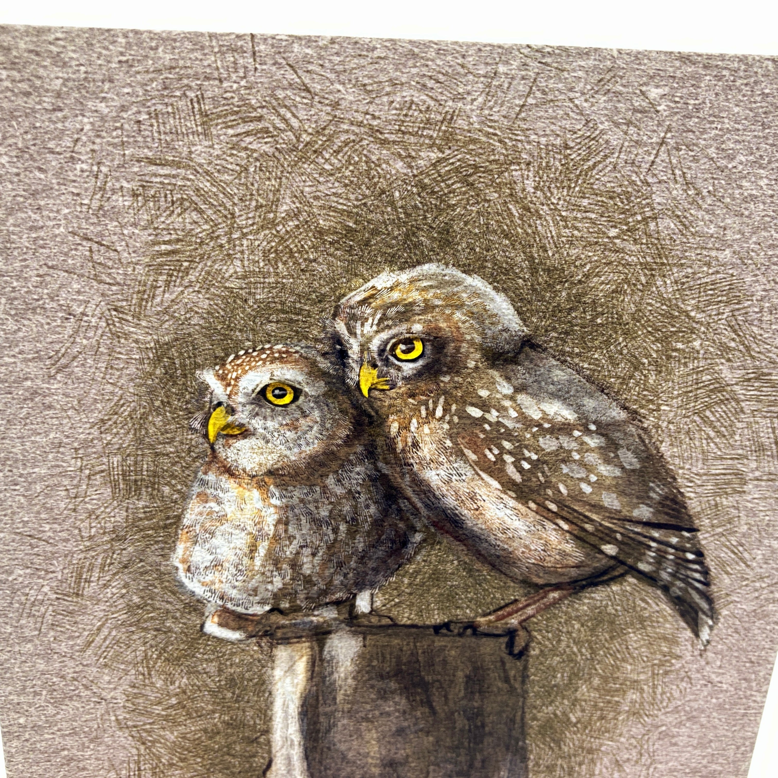 Two owls perched on a branch with a textured brown background