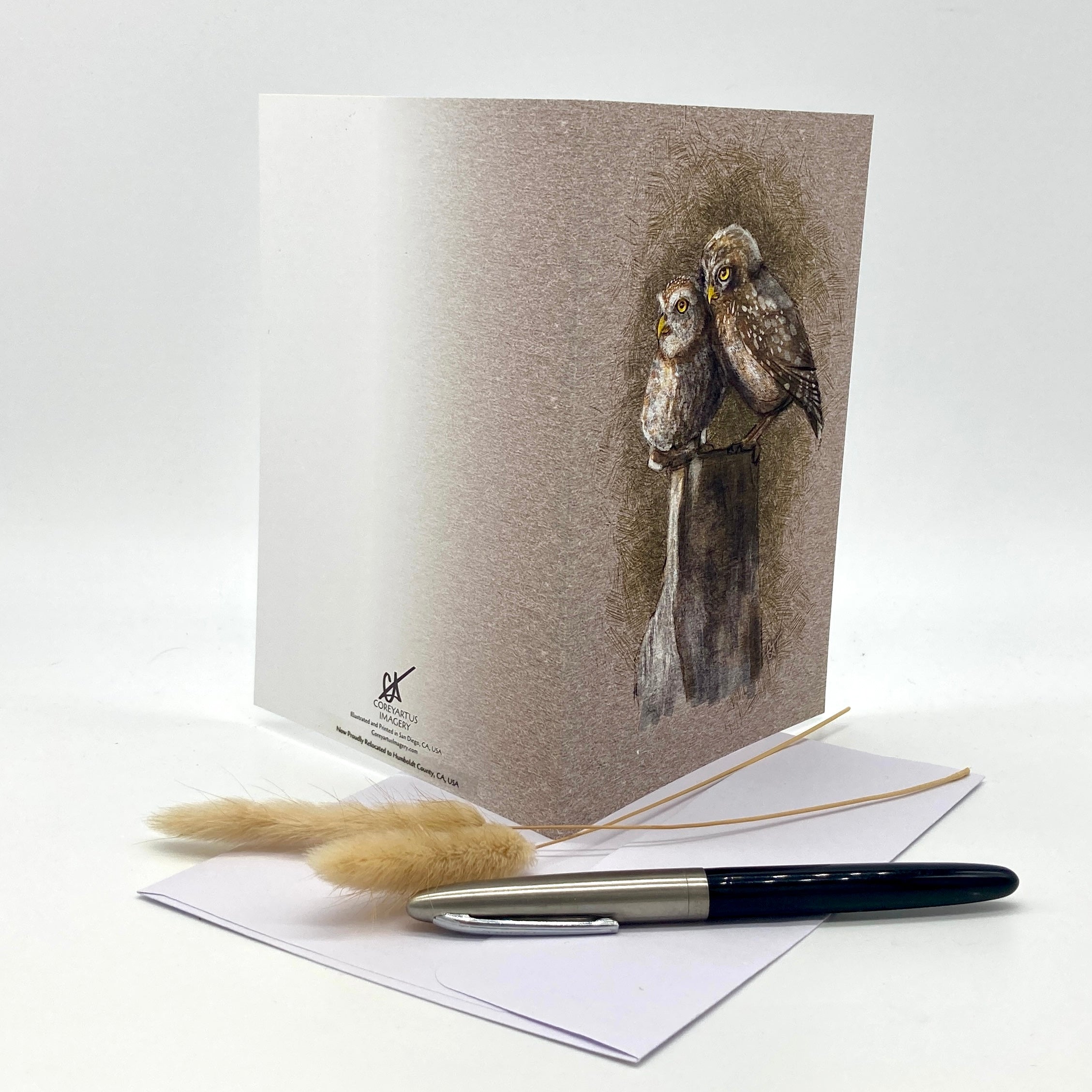 Greeting card with owl illustration on a white background