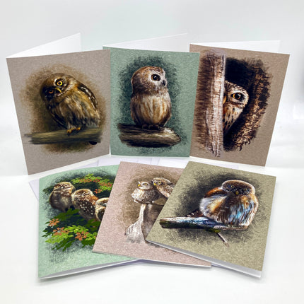 Set of six greeting cards featuring owl illustrations on a white background