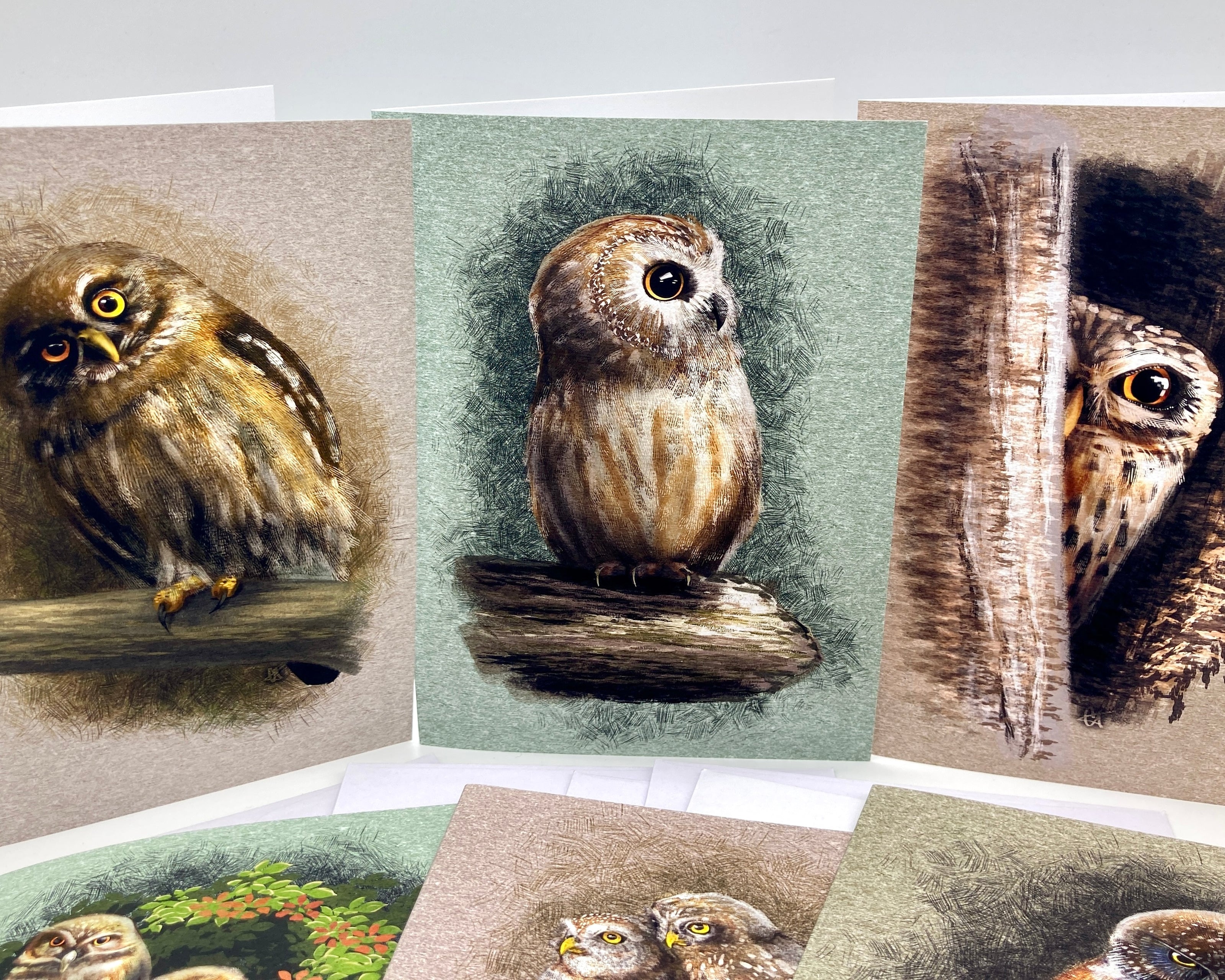 Set of greeting cards with owl illustrations on a white background