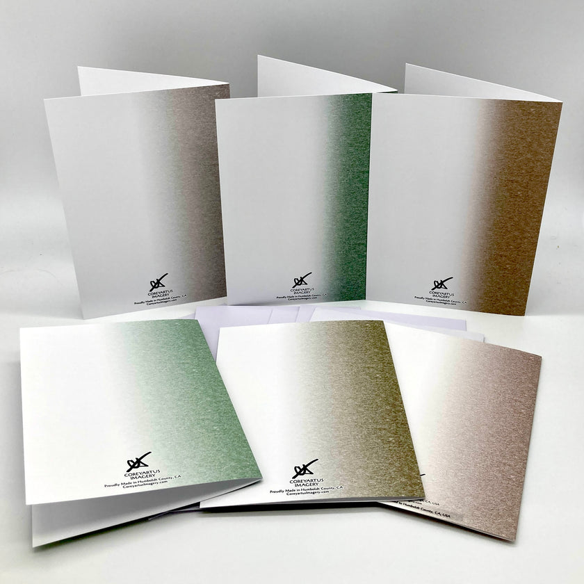 Backsides of a greeting cards, arranged against a white background.