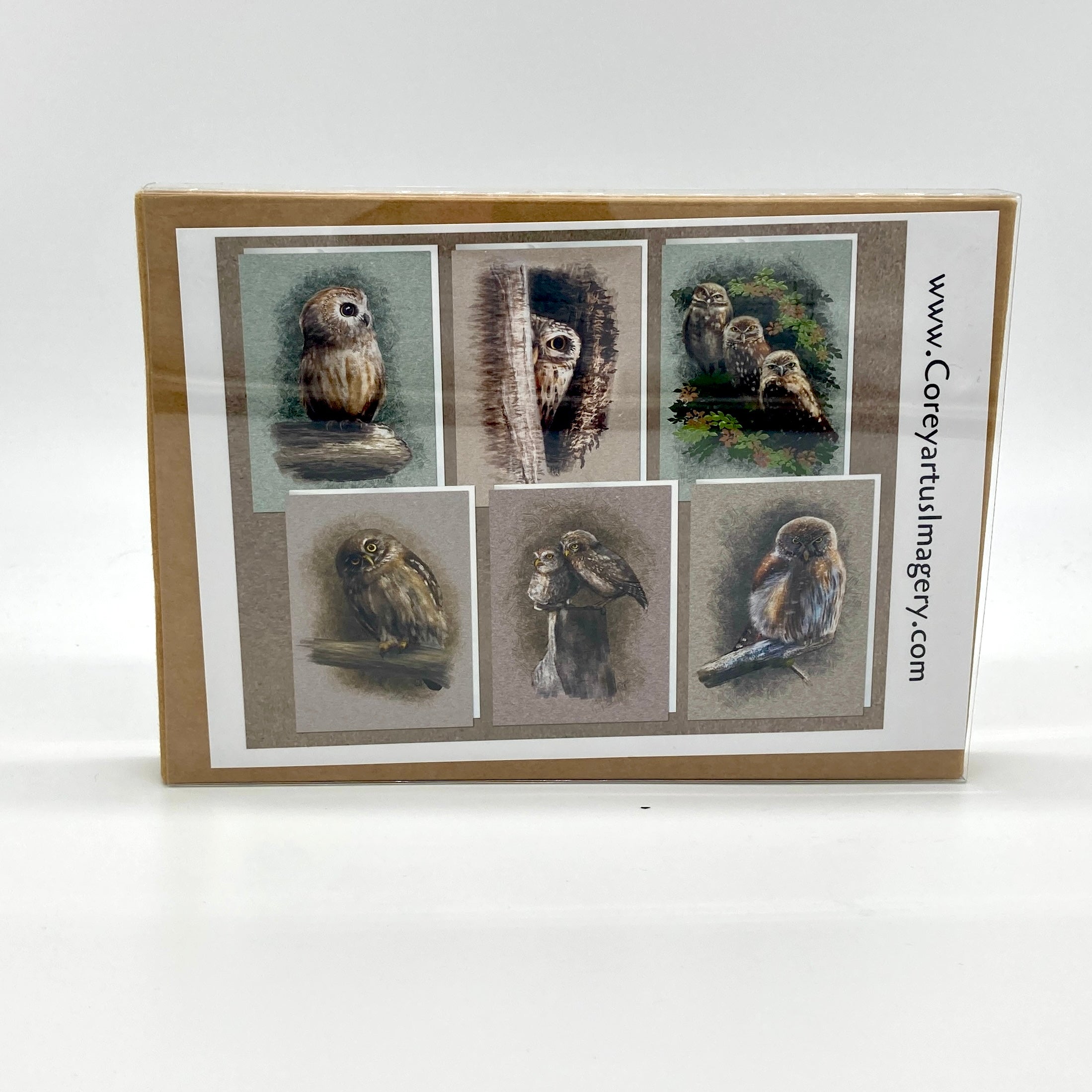 Backside product photography of  six owl illustrations on a white background