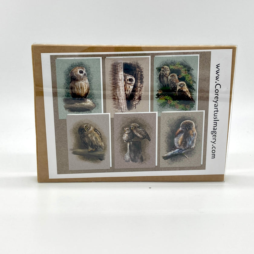 Backside product photography of  six owl illustrations on a white background