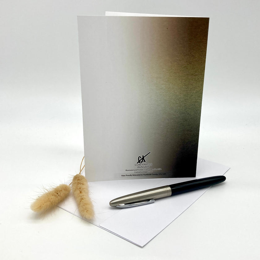 Greeting card with a pen and decorative items on a white background