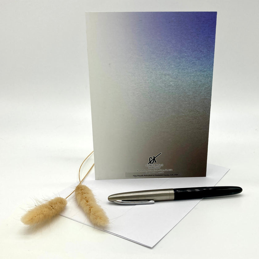 Greeting card with a pen and decorative elements on a white background