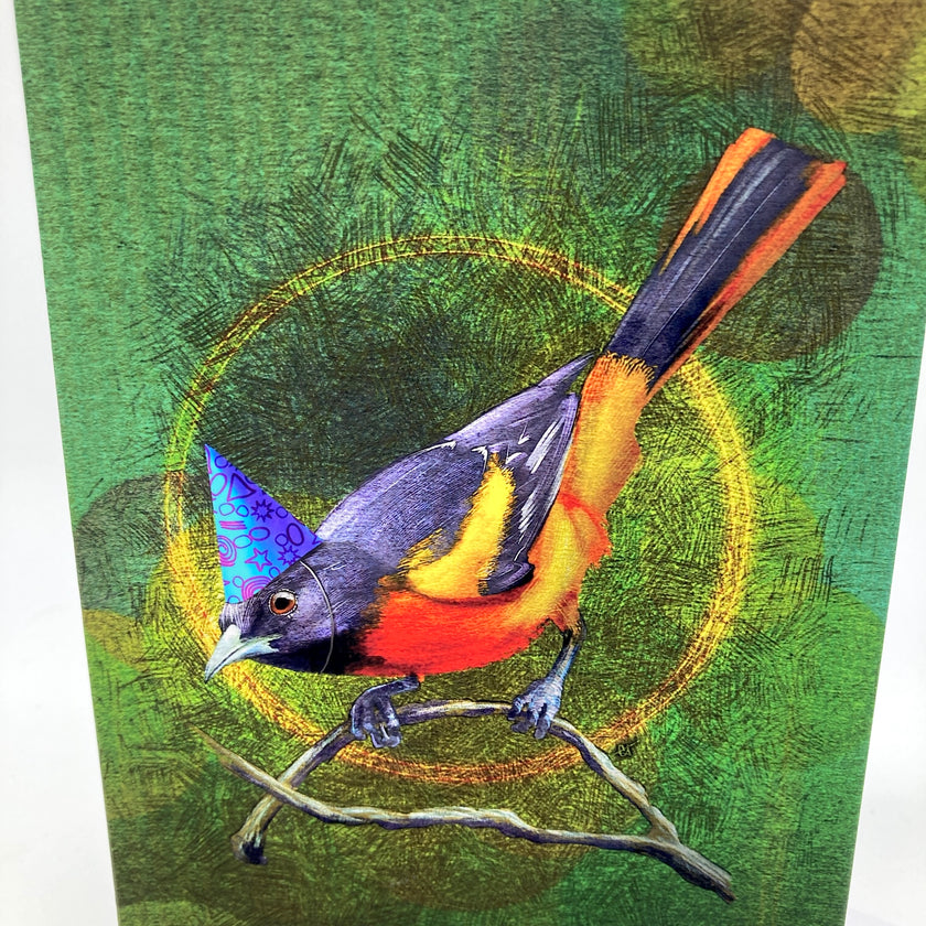 Colorful bird illustration on a green background
