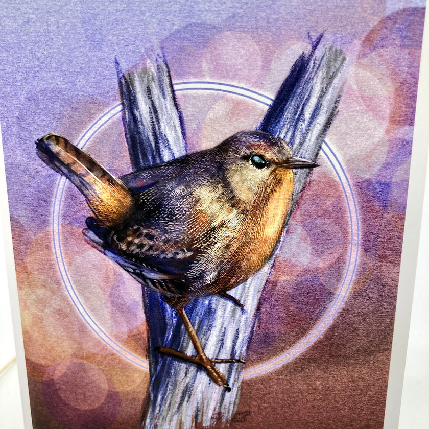 Product photo of a greeting card with a Pacific Wren in browns and purples.