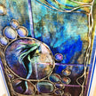 An abstract mixed-media artwork featuring a stylized mermaid inside a circular frame, surrounded by organic bubble-like shapes and flowing vine-like lines in deep blue, teal, purple, and gold tones.