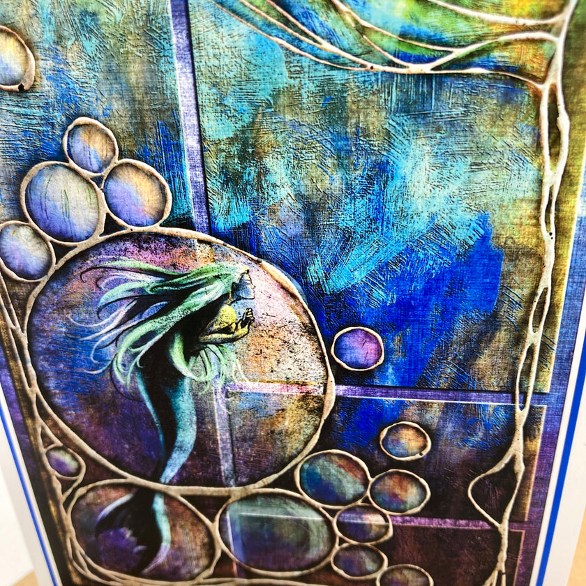 An abstract mixed-media artwork featuring a stylized mermaid inside a circular frame, surrounded by organic bubble-like shapes and flowing vine-like lines in deep blue, teal, purple, and gold tones.