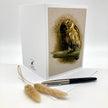 Splayed out greeting card featuring an illustrated owl, displayed with a sprig of wild grasses and a writing pen on a white envelope against a white background. 