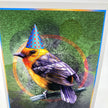 A colorful art print depicting an orange and black bird perched on a branch, wearing a blue party hat with red polka dots, set against a textured green background with circular graphic elements.
