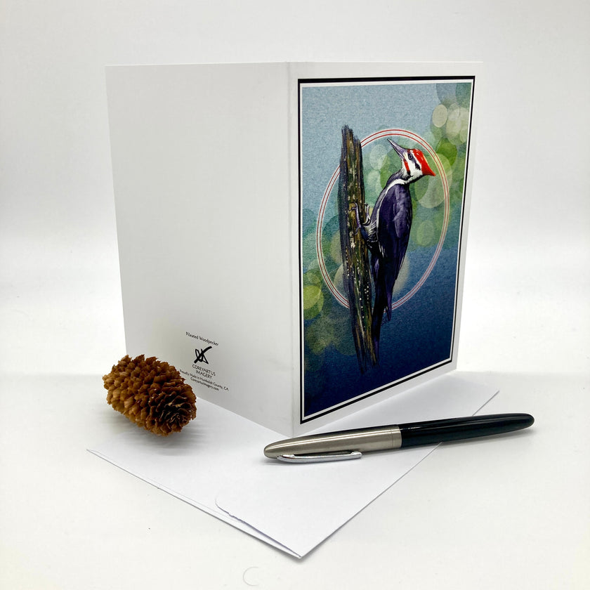 A white greeting card with a printed woodpecker illustration on the front, displayed upright with an envelope and a black-and-silver pen on a clean white background. A small pinecone sits to the left.