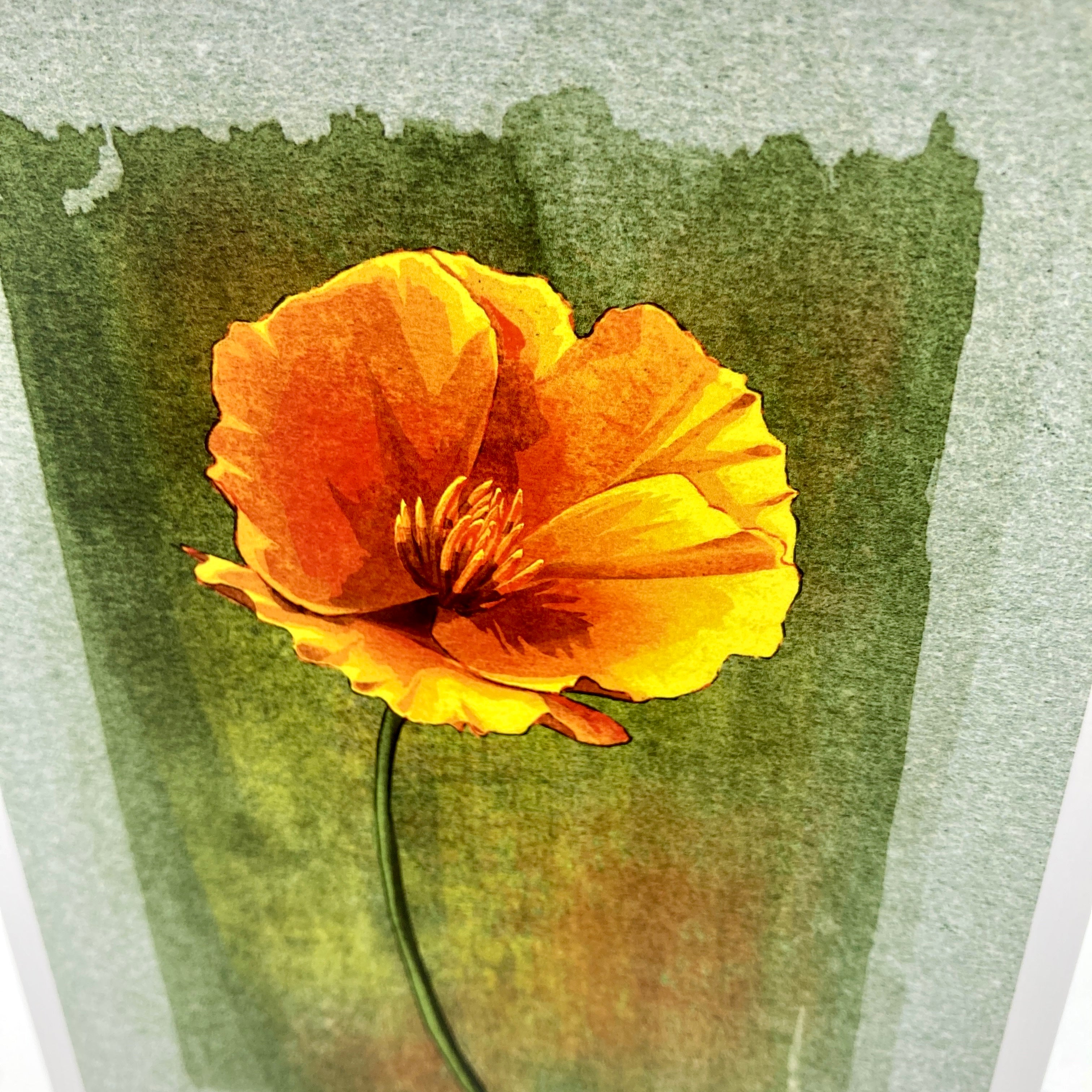 A close-up of a watercolor-style floral print showing a single orange-yellow flower with a green stem against a textured gray-green background.
