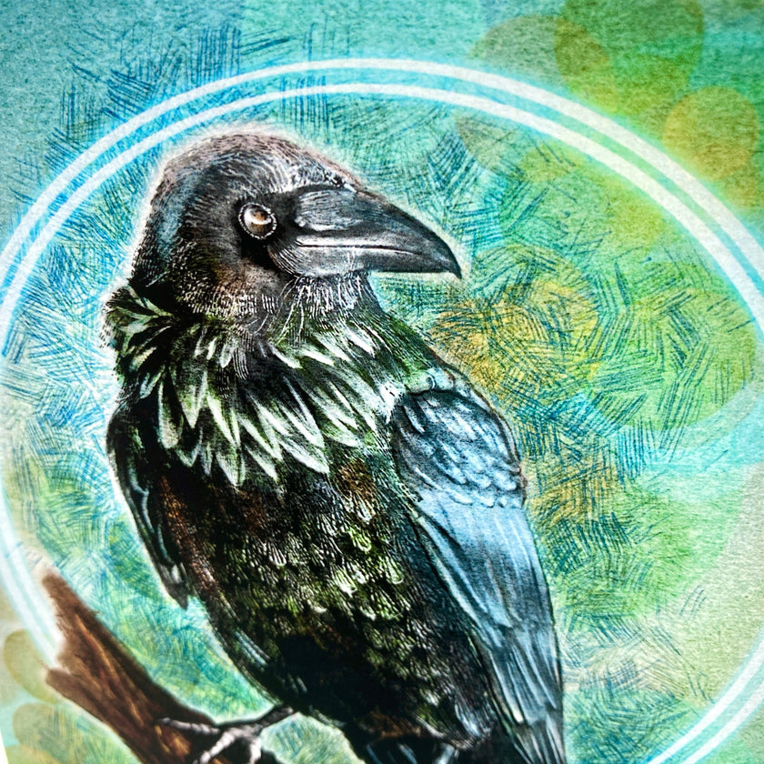 A detailed illustration of a raven perched on a branch, rendered in textured black and blue-gray feathers with a green and teal abstract background and a circular light motif.