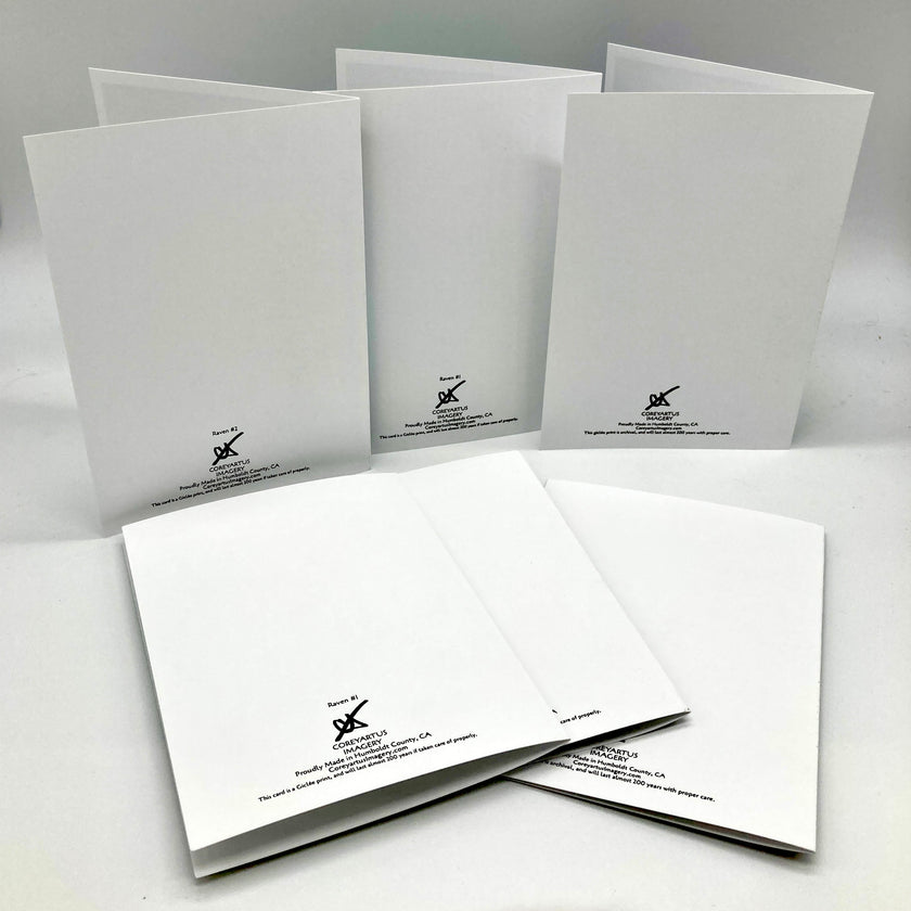 Six white folded paper envelopes or card sleeves arranged on a light gray studio background. Each piece has a small black printed logo and text near the lower edge.