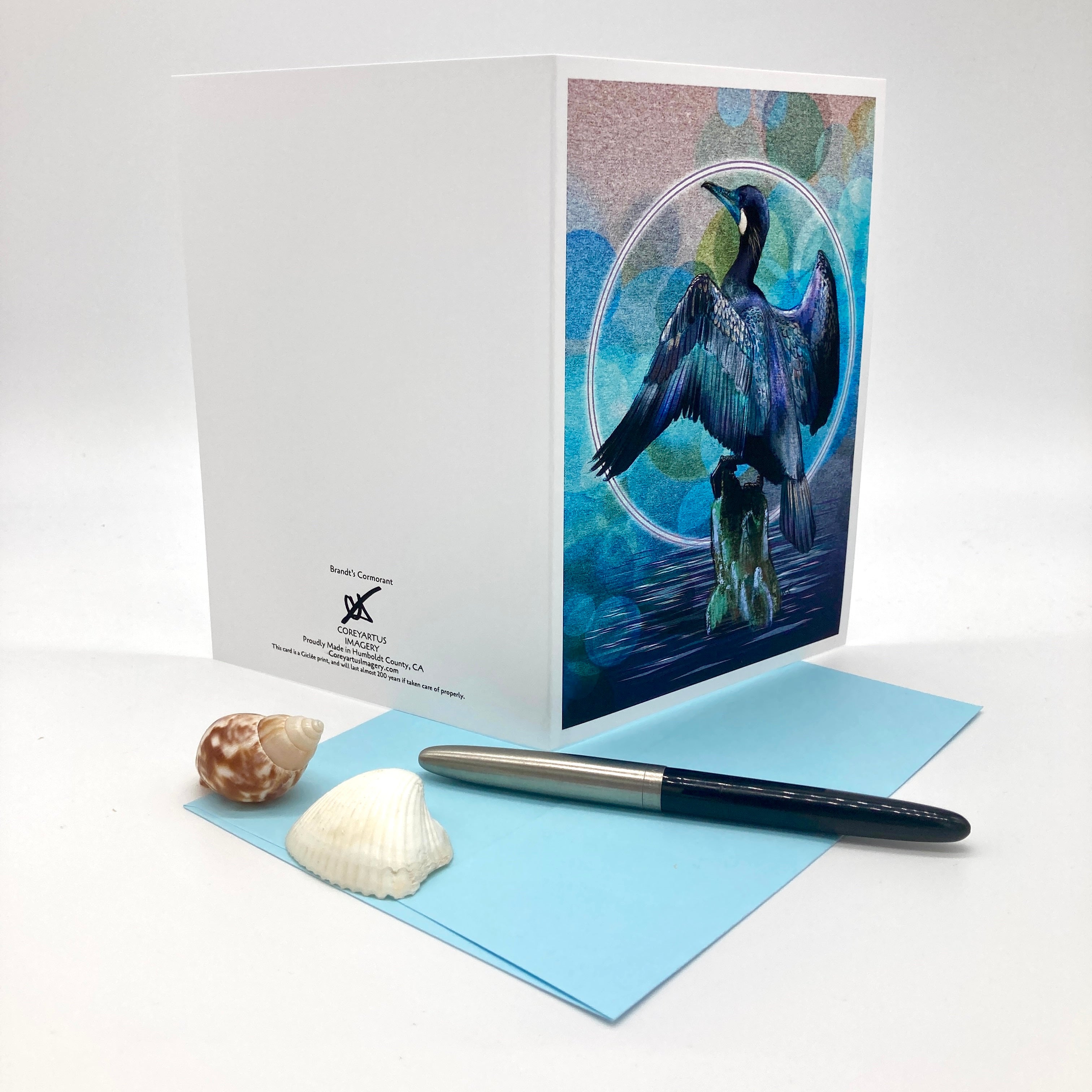 A white greeting card with a blue-toned bird illustration on the front, displayed upright with a light blue envelope, a silver pen, and two seashells on a clean white background. The card shows the brand name 'Beach Collection' and 'Hawaii' printed on the inside left side.