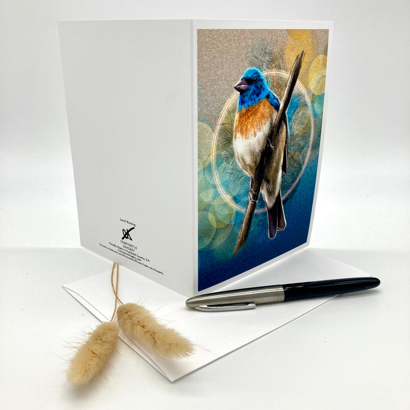 A white greeting card standing open on a white surface, featuring a colorful bird illustration on the front. A black pen rests across a white envelope below the card, with two small dried beige grass stems in the foreground.