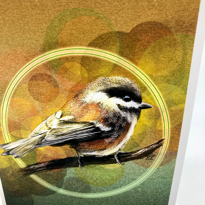 A detailed bird illustration of a small brown and white bird perched on a branch, set against an abstract background of warm brown, gold, and green tones with concentric circular lines.