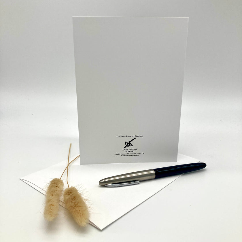 A white stationery set featuring a vertical letterhead card with the 'Golden Rose Press' logo, a matching folded card, a black and silver pen, and dried bunny tail grass on a white surface against a light gray background.
