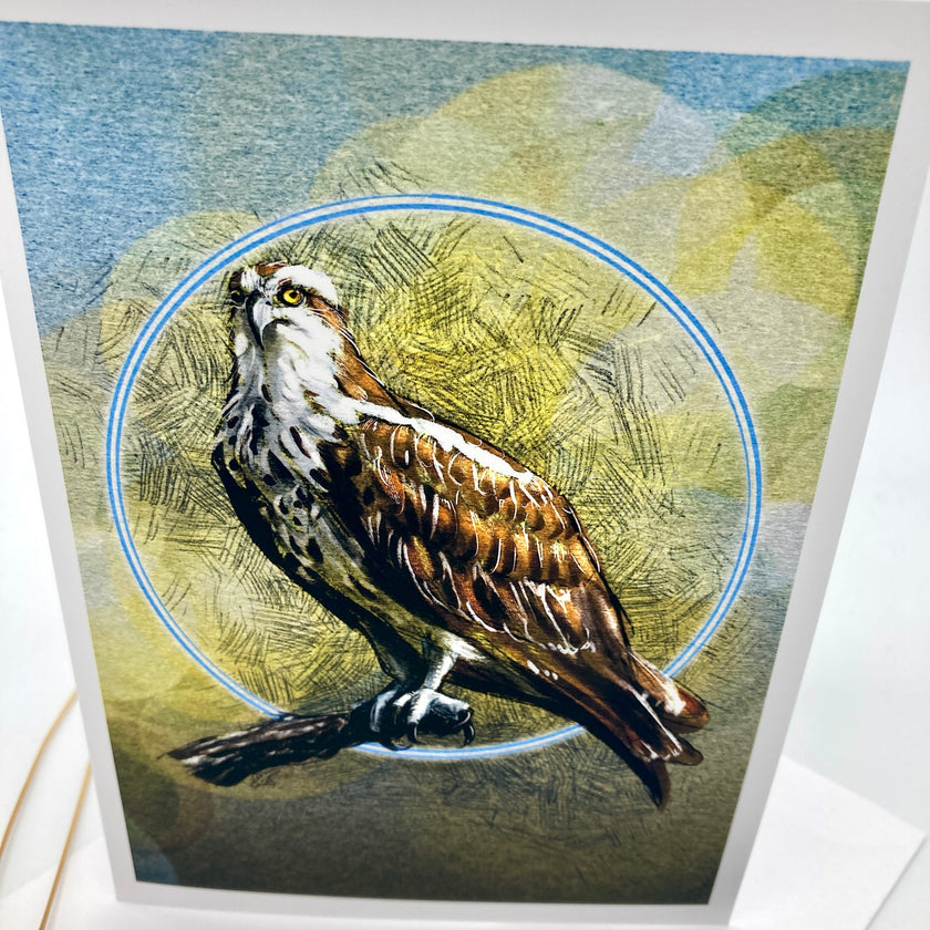 A card featuring a detailed illustration of an owl perched on a branch, with a blue circular outline behind it and a textured abstract background in muted blue, olive, and beige tones.