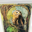 A close-up of a textured art print featuring a brown and cream owl framed by organic, vine-like brown borders on a muted green and yellow background.
