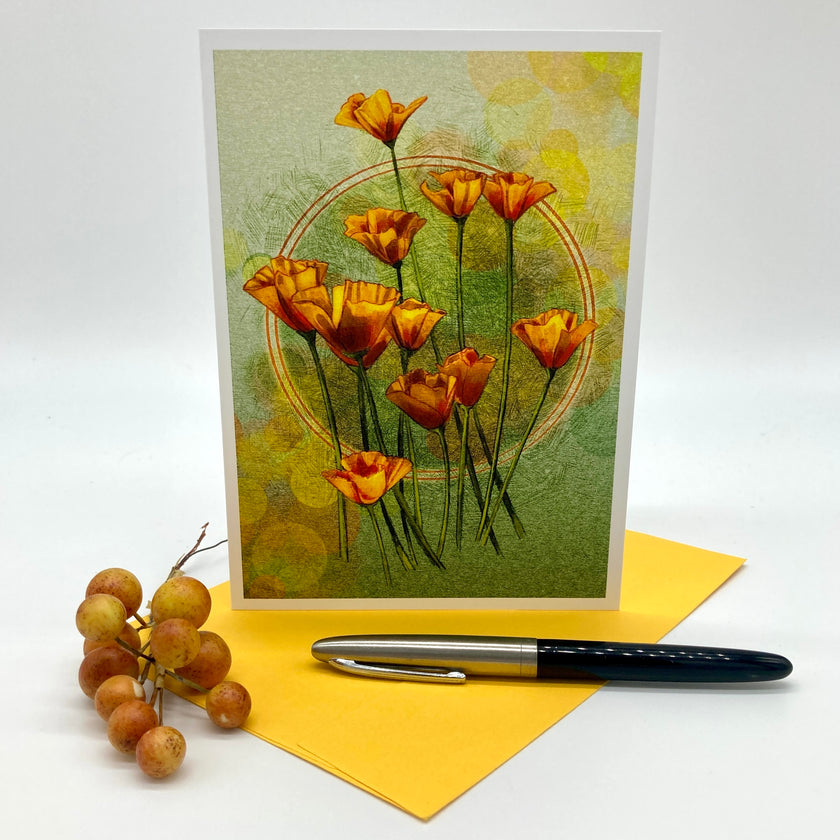 A stylized floral greeting card showing a cluster of orange poppy-like flowers with green stems on a textured pale green background with soft yellow bokeh circles and a faint circular line motif. Posed with a yellow envelope.