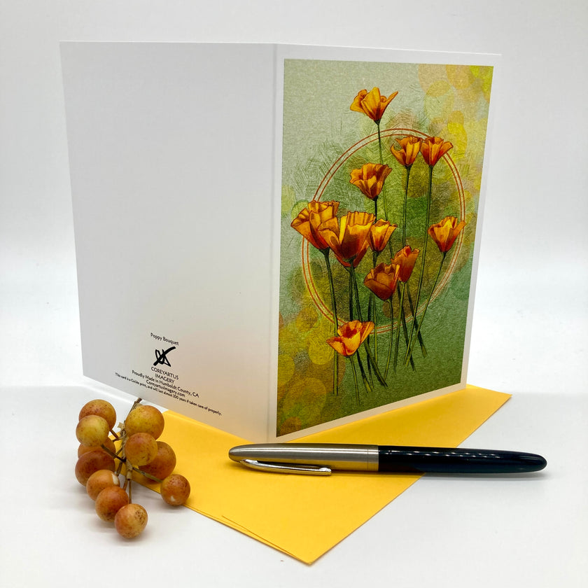 A spalyed out stylized floral greeting card showing a cluster of orange poppy-like flowers with green stems on a textured pale green background with soft yellow bokeh circles and a faint circular line motif. Posed with a yellow envelope.