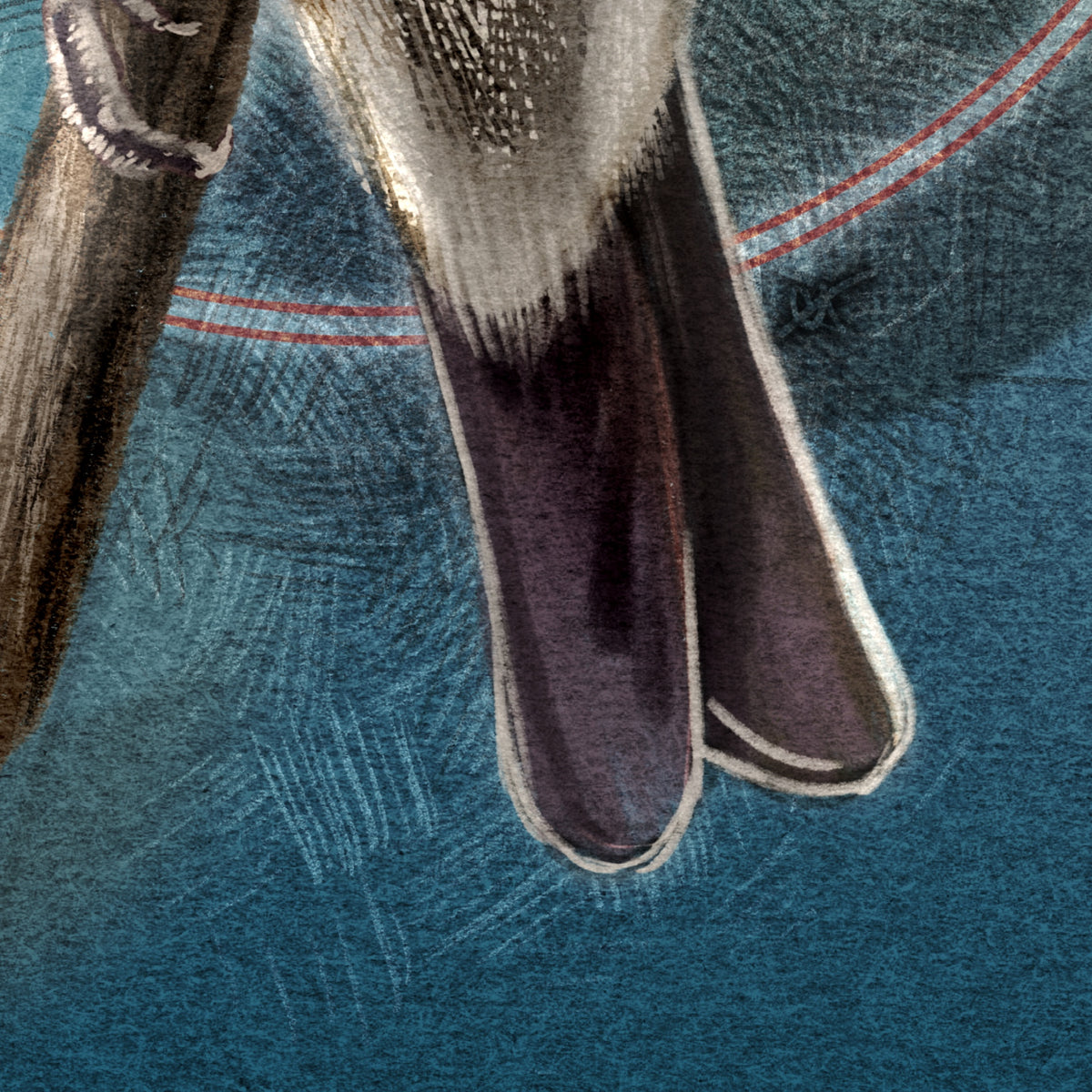 A closeup of a print featuring a Lazuli Bunting tail.