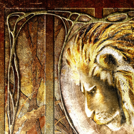 Decorative design with a lion's head and intricate patterns on a textured background