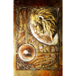 Decorative panel with artistic depiction of a lion and a mouse, surrounded by intricate patterns.