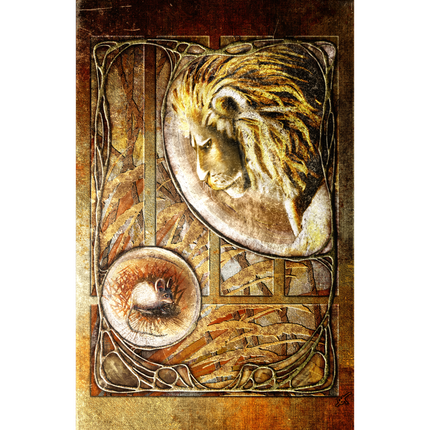 Decorative panel with artistic depiction of a lion and a mouse, surrounded by intricate patterns.
