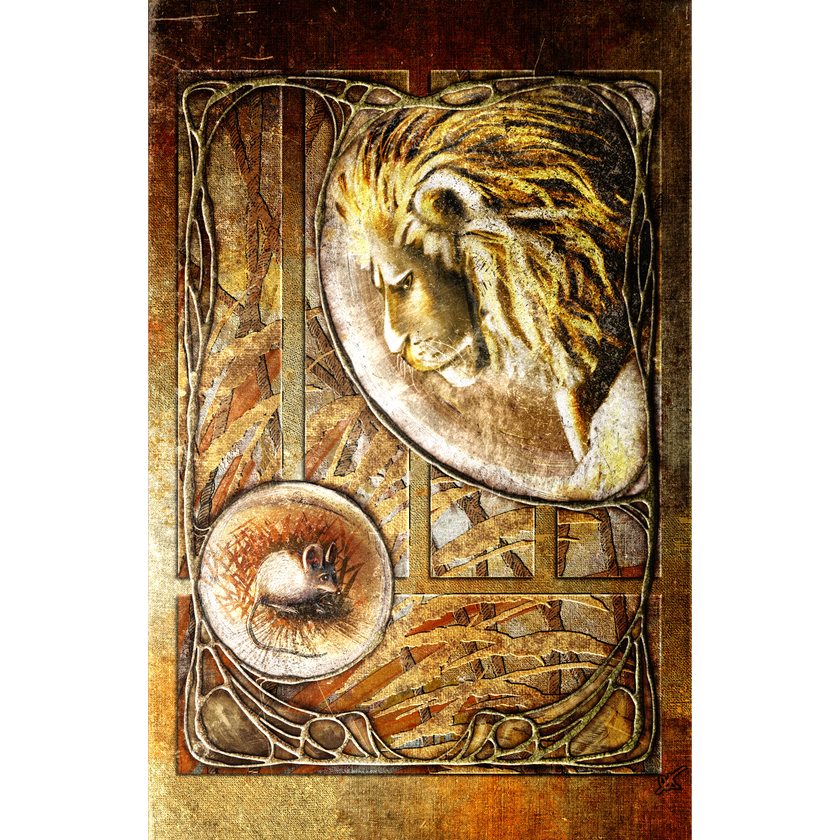 Decorative panel with artistic depiction of a lion and a mouse, surrounded by intricate patterns.