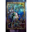 Stylized illustrated artwork with a mermaid floating in bubbles on a blue and purple background