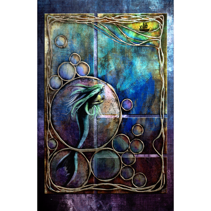 Stylized illustrated artwork with a mermaid floating in bubbles on a blue and purple background