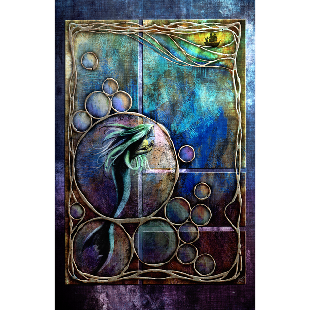 Stylized illustrated artwork with a mermaid floating in bubbles on a blue and purple background